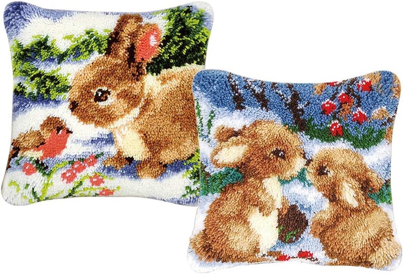 klarako Pack of 2 DIY Latch Hook Kit Custion Covers Cartoon Rabbits 17 inch x 17 inch, Use it To Make Pillows, Cushions or Mats. - Image 1