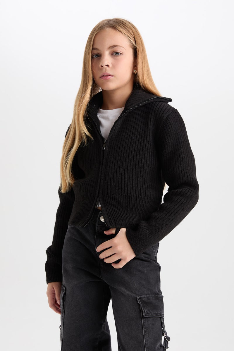 DeFacto Girl Basic Standing Collar Zippered Black Knitwear Cardigan - Image 1