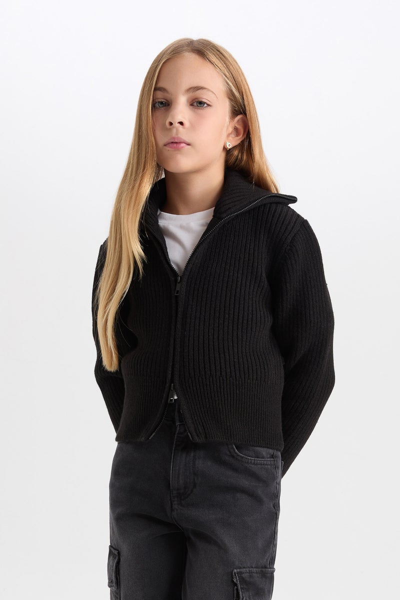 DeFacto Girl Basic Standing Collar Zippered Black Knitwear Cardigan - Image 3
