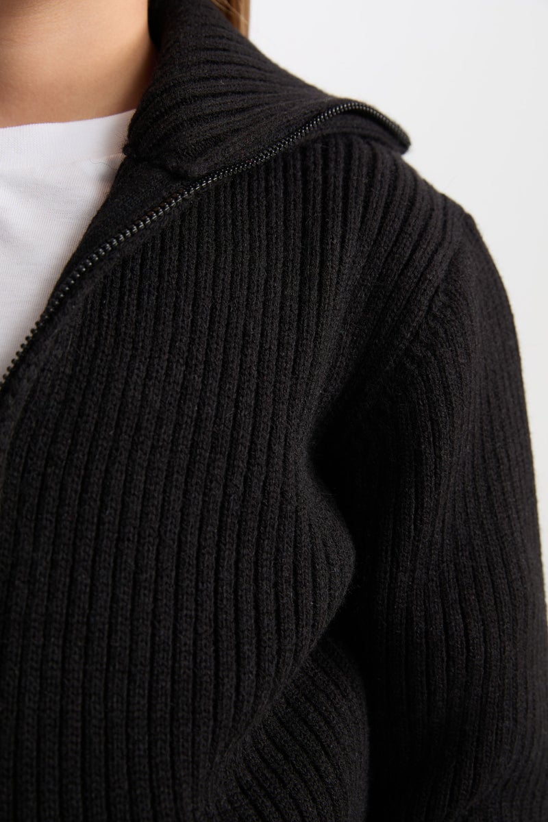 DeFacto Girl Basic Standing Collar Zippered Black Knitwear Cardigan - Image 4