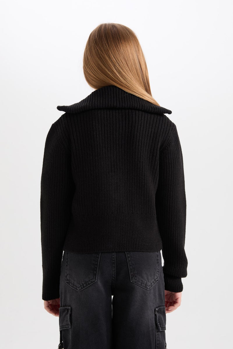 DeFacto Girl Basic Standing Collar Zippered Black Knitwear Cardigan - Image 5