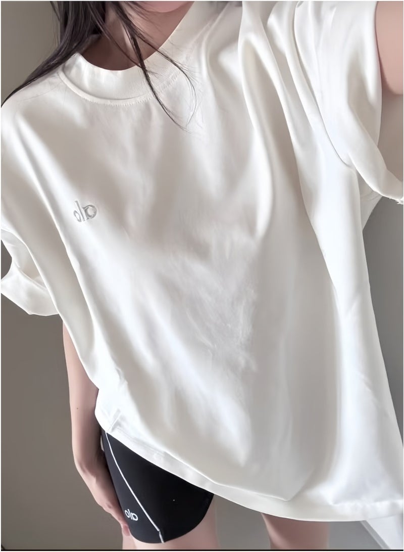 ALO Loose T-shirt-Round Neck Short Sleeve-Summer Short Sleeve (White) - Image 2