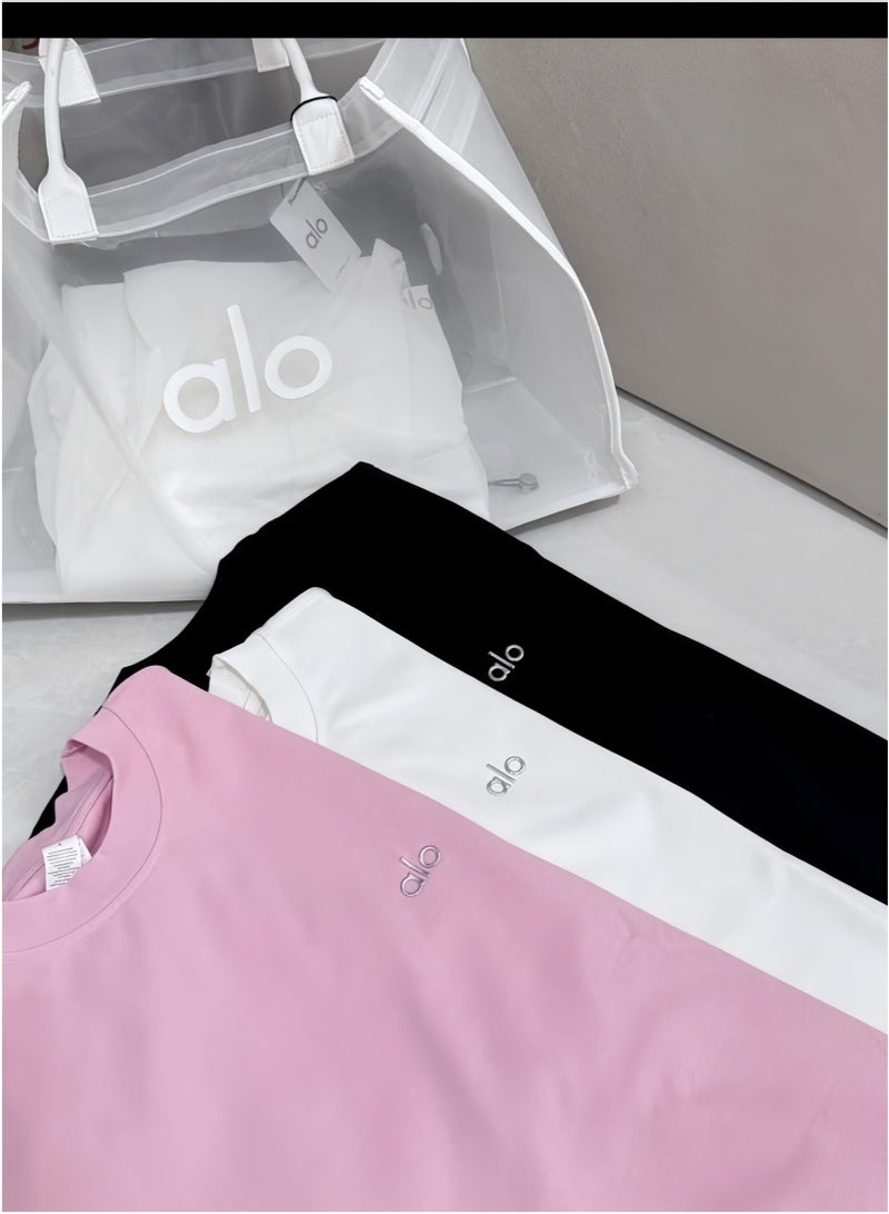 ALO Loose T-shirt-Round Neck Short Sleeve-Summer Short Sleeve (White) - Image 3