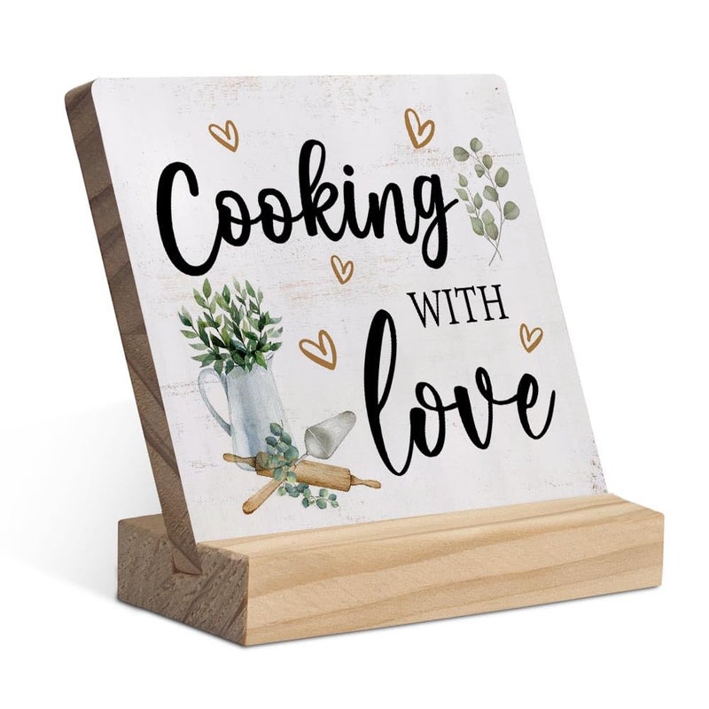 EIONEY Cooking with Love Wood Plaque with Wooden Stand,Rustic Kitchen Wooden Plaque Sign Desk Decor for Home Kitchen Table Shelf Decoration - Image 1