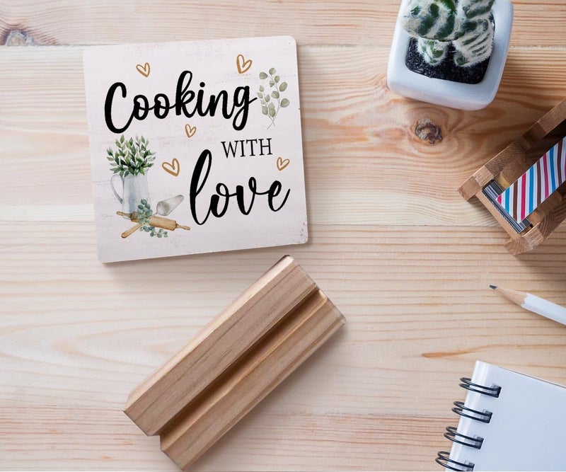 EIONEY Cooking with Love Wood Plaque with Wooden Stand,Rustic Kitchen Wooden Plaque Sign Desk Decor for Home Kitchen Table Shelf Decoration - Image 4