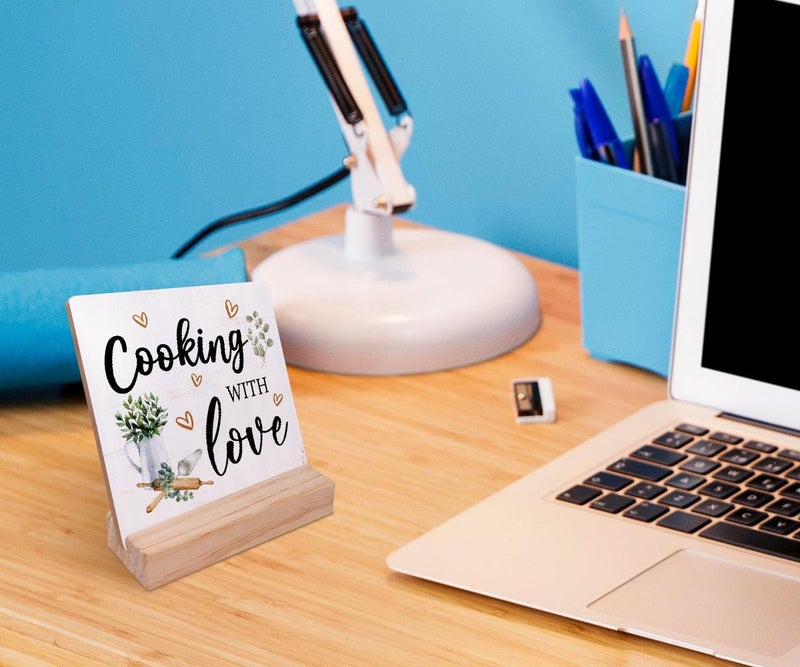 EIONEY Cooking with Love Wood Plaque with Wooden Stand,Rustic Kitchen Wooden Plaque Sign Desk Decor for Home Kitchen Table Shelf Decoration - Image 3