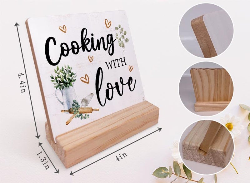 EIONEY Cooking with Love Wood Plaque with Wooden Stand,Rustic Kitchen Wooden Plaque Sign Desk Decor for Home Kitchen Table Shelf Decoration - Image 5