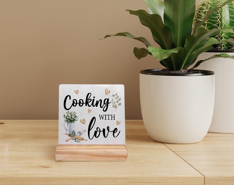 EIONEY Cooking with Love Wood Plaque with Wooden Stand,Rustic Kitchen Wooden Plaque Sign Desk Decor for Home Kitchen Table Shelf Decoration - Image 2