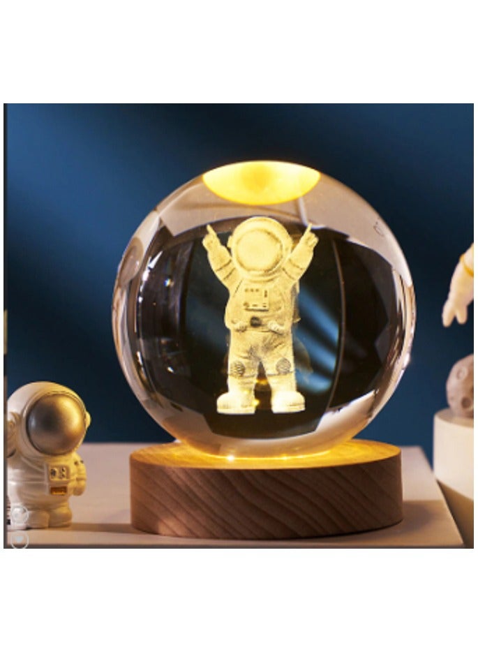 3D Crystal Ball Yellow Night Light, Small Battery Operated Lamp Space Man Wooden Base - Image 1