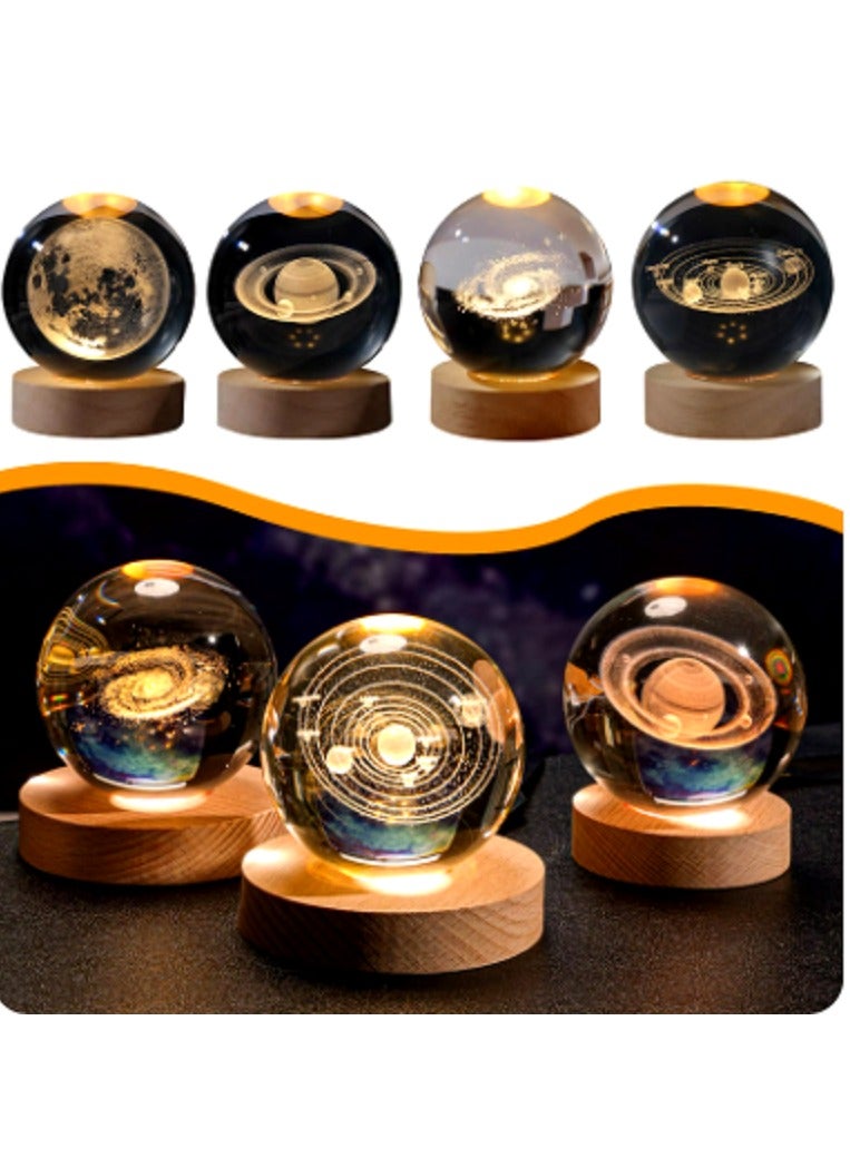 3D Crystal Ball Yellow Night Light, Small Battery Operated Lamp Space Man Wooden Base - Image 2