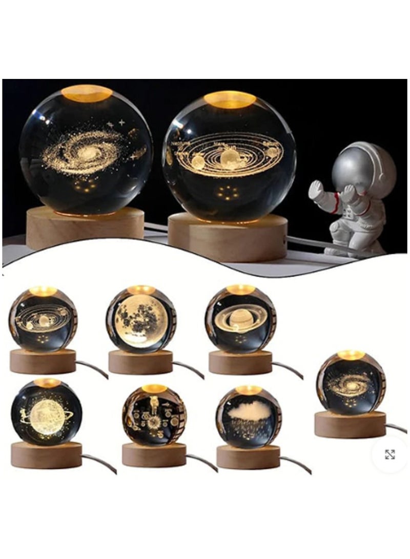 3D Crystal Ball Yellow Night Light, Small Battery Operated Lamp Space Man Wooden Base - Image 3