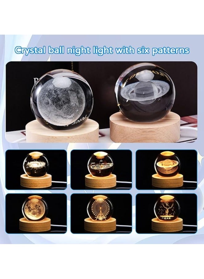 3D Crystal Ball Yellow Night Light, Small Battery Operated Lamp Space Man Wooden Base - Image 4