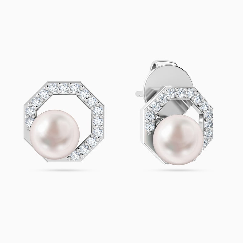 Miss L' by L'azurde Hexagon Diamond & Pearl Stud Earrings in 18K Gold - Image 1