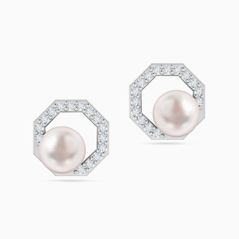 Miss L' by L'azurde Hexagon Diamond & Pearl Stud Earrings in 18K Gold - Image 2