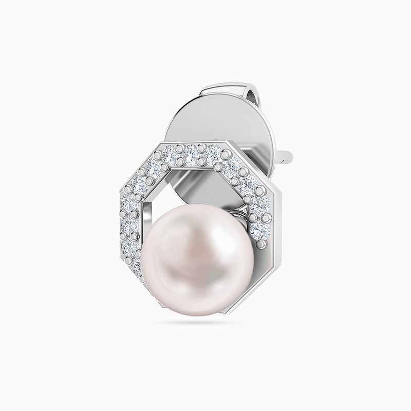 Miss L' by L'azurde Hexagon Diamond & Pearl Stud Earrings in 18K Gold - Image 3