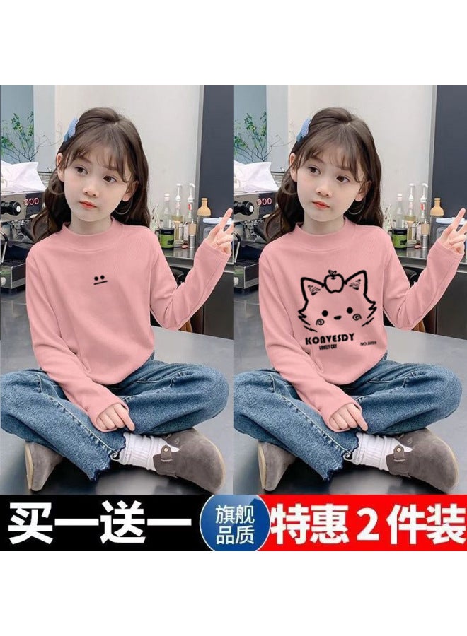Girls' Double-sided Velvet Long-sleeved T-shirt New Medium And Large Children's Outer Wear Pullover Half Turtleneck Warm Base Layer Shirt
