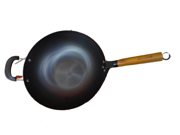 THW Cooking Wok PanStir Fry Pans with Wooden Handle Frying Wok Carbon Steel Flat Bottom Chinese Iron Pot for Cooking 13 Inch for resaurantsHotelsBakery - Image 1