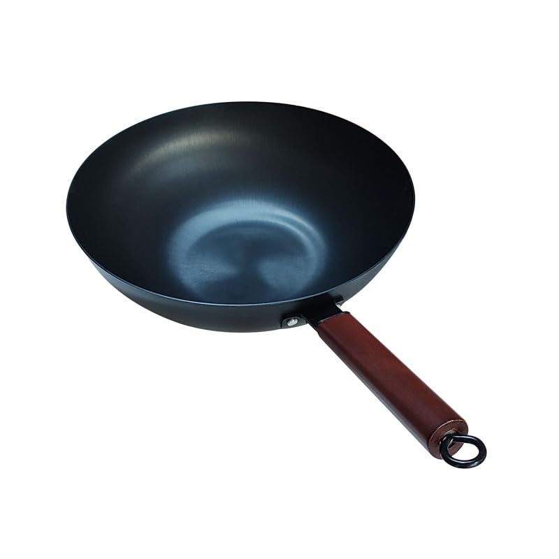 THW Cooking Wok PanStir Fry Pans with Wooden Handle Frying Wok Carbon Steel Flat Bottom Chinese Iron Pot for Cooking 13 Inch for resaurantsHotelsBakery - Image 3