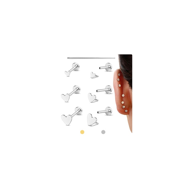 GEMQUEEN Flat Back Earrings Studs : Internal Thread Surgical Steel Earrings Hypoallergenic for Cartilage 18G Helix Tragus Conch Piercing Jewelry Dainty Heart Stud Earring Sets for Women Men - Image 1