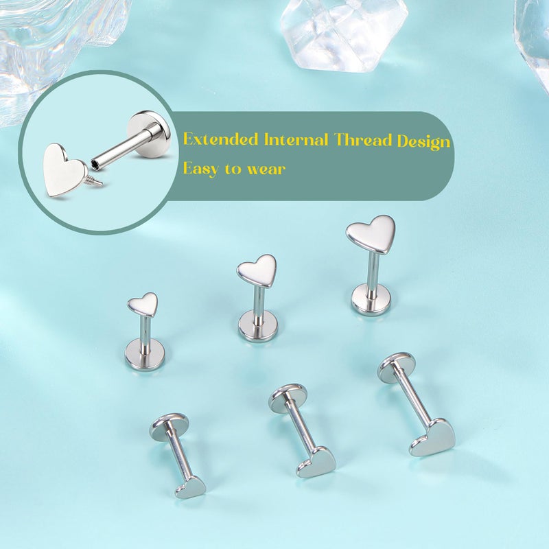 GEMQUEEN Flat Back Earrings Studs : Internal Thread Surgical Steel Earrings Hypoallergenic for Cartilage 18G Helix Tragus Conch Piercing Jewelry Dainty Heart Stud Earring Sets for Women Men - Image 5