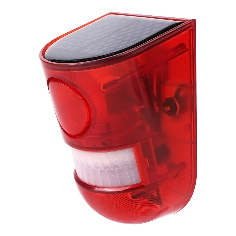 Aolyty Solar Motion Sensor Detector Siren Sound Alarm LED Warning Strobe Flashing Red Light Security Outdoor Waterproof Device Keep Animal Away for Home Warehouse Farm Red Lampshade