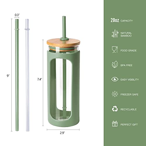 Kodrine 20oz Glass Tumbler with Straw and Lid, Iced Coffee Cups with Bamboo Lids, Glass Cups for Cold Drinks, Smoothie Cup with Silicone Sleeve for Travel, Work, BPA FREE-Olive - Image 2