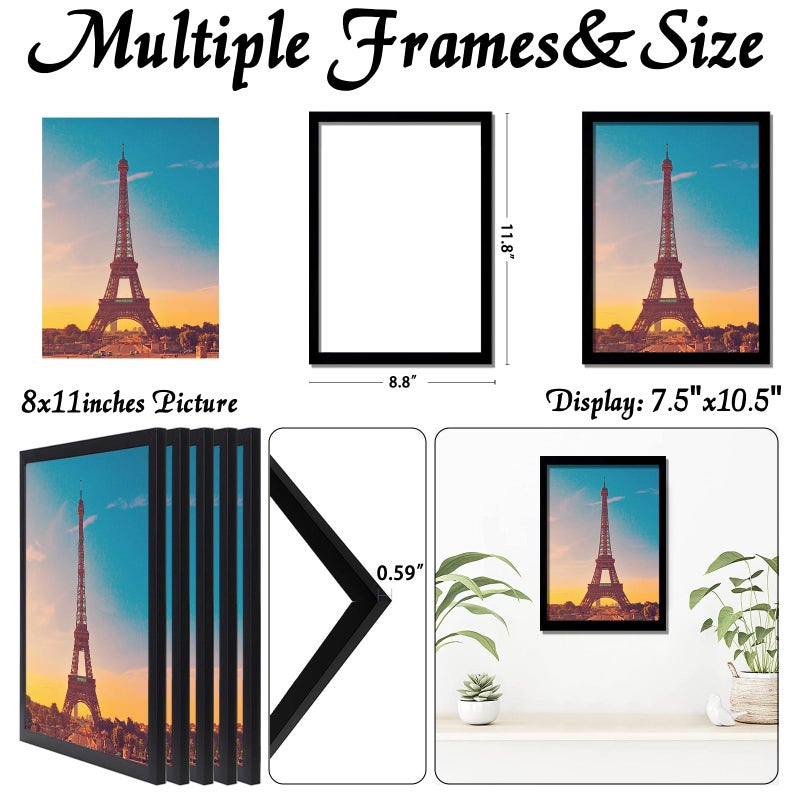 icariery 8x11 Picture Frame Set of 5  Black Photo Frames High Transparent Wall Gallery Desktop Horizontal Vertical for Canvas Collage Photo Poster Certificate 8 x 11 inches - Image 3