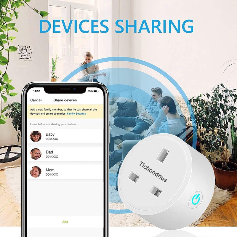 Tichondrius Smart WiFi Plug, Smart Outlet Plug Socket Compatible with Alexa, Mini Socket with Remote Control & Voice with Electricity Statistics Timer Function, No Hub Required (Pack, 4) - Image 5