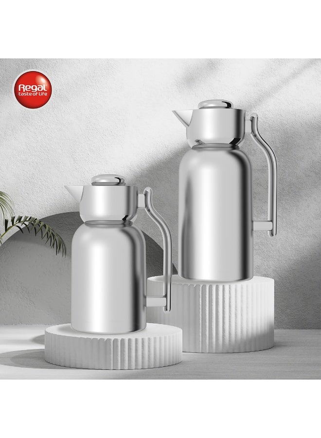 ريجال من Ripple – طقم ترمس فاكيوم مزدوج الجدار (1.0 لتر + 1.3 لتر) | جسم وبطانة من الستانلس ستيل بالكامل | لمسة نهائية فضية مطفية – طقم ترمس حراري فاخر - Image 1