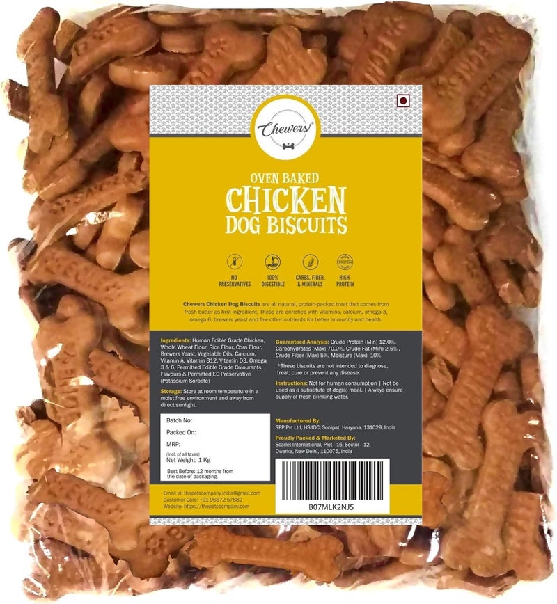 Chewers Oven Baked Real Chicken Dog Biscuits, Chicken Flavour, Dog Treat 1 Kg - Image 1