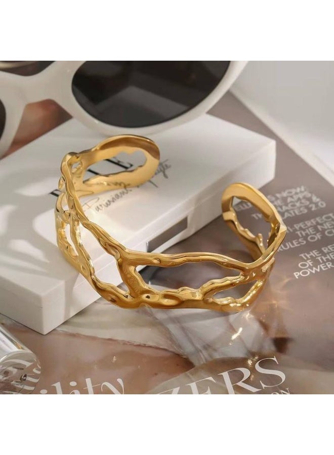 Shein Wide Gold Hollow Organic Cuff Bangle | Luxury Fluid Molten Open Bracelet for Women | Bold Statement 18K Gold Plated Cuff | Artistic Elegant Party Jewelry - Image 2