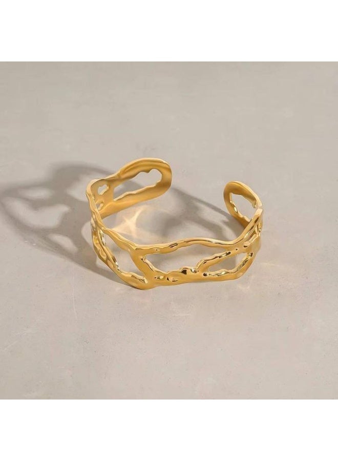 Shein Wide Gold Hollow Organic Cuff Bangle | Luxury Fluid Molten Open Bracelet for Women | Bold Statement 18K Gold Plated Cuff | Artistic Elegant Party Jewelry - Image 3
