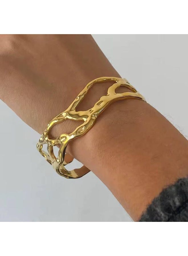 Shein Wide Gold Hollow Organic Cuff Bangle | Luxury Fluid Molten Open Bracelet for Women | Bold Statement 18K Gold Plated Cuff | Artistic Elegant Party Jewelry - Image 1