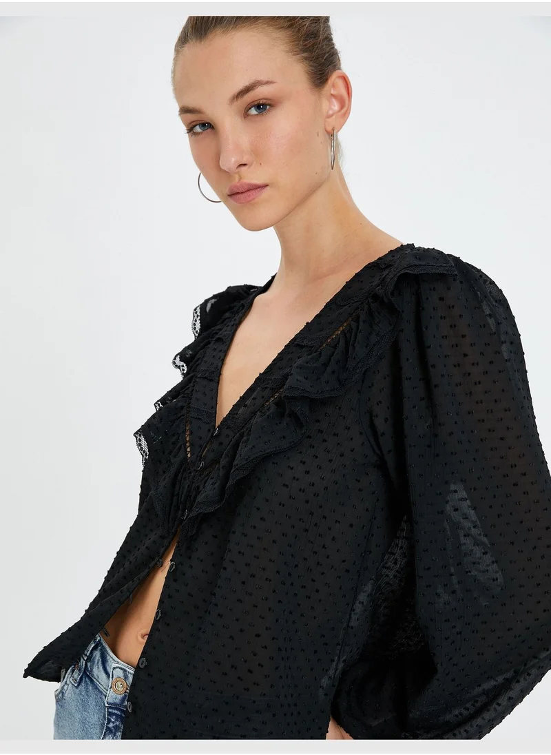 كوتون Buttoned V Neck Ruffle Puff Sleeve Chiffon Shirt