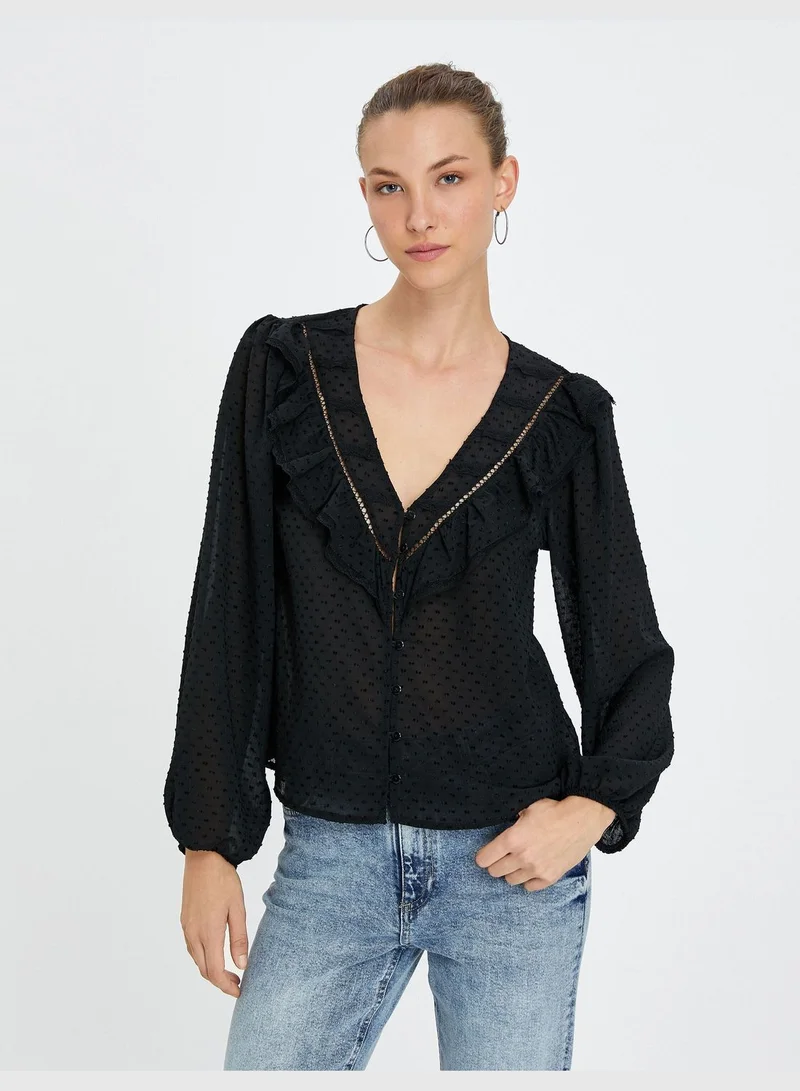 كوتون Buttoned V Neck Ruffle Puff Sleeve Chiffon Shirt