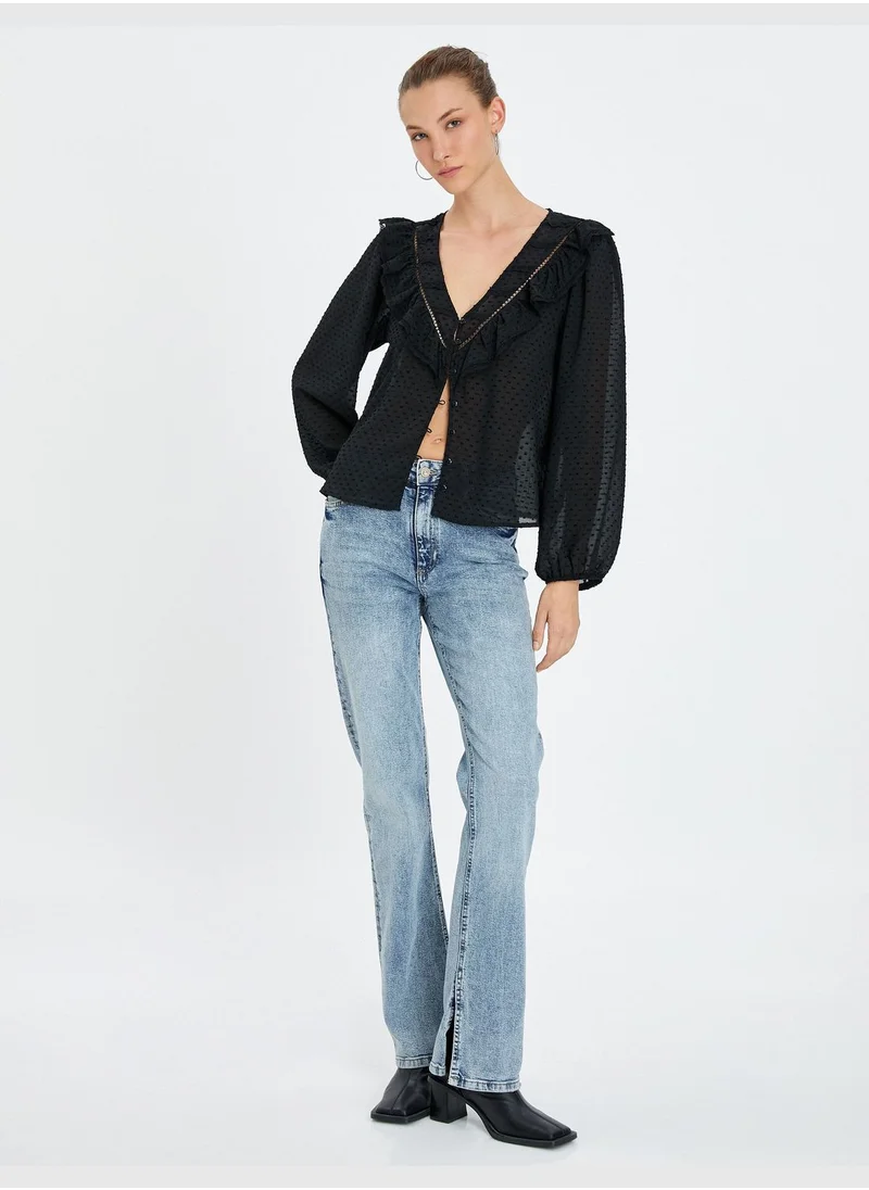 كوتون Buttoned V Neck Ruffle Puff Sleeve Chiffon Shirt