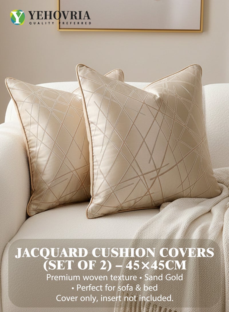 YEHOVRIA Set of 2 Luxury Decorative Cushion Covers - Modern Geometric Linear Pattern Throw Pillow Cases for Sofa, Bedroom - 45x45cm, Sand Gold - Image 1