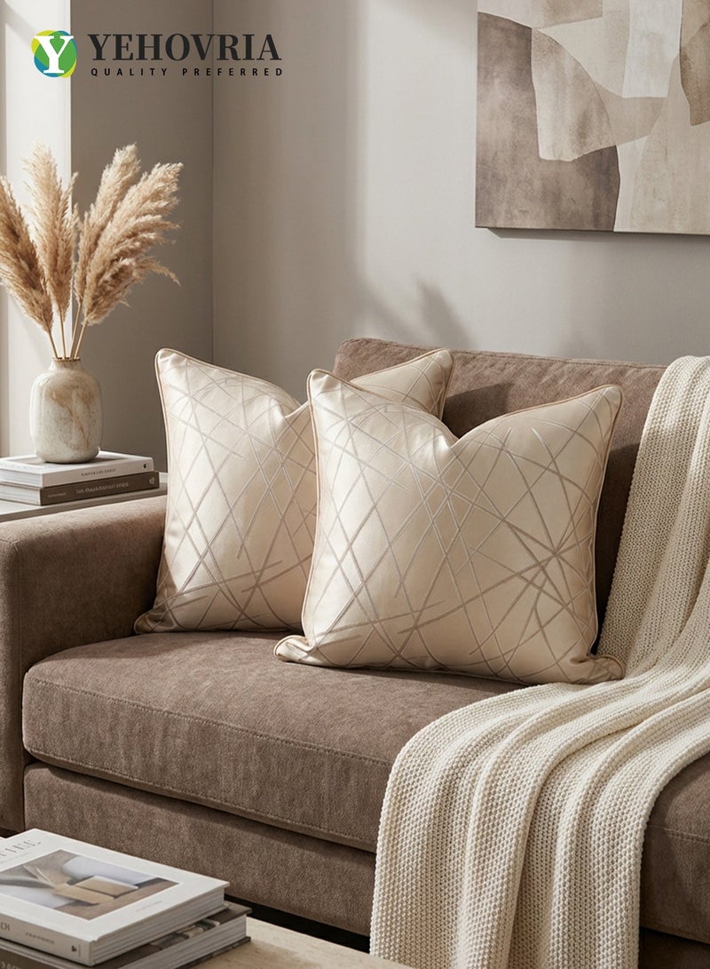 YEHOVRIA Set of 2 Luxury Decorative Cushion Covers - Modern Geometric Linear Pattern Throw Pillow Cases for Sofa, Bedroom - 45x45cm, Sand Gold - Image 2