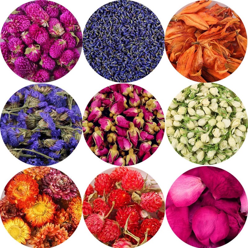 Oameusa 9 Bags Set Dried Flowers Artisan Dried Flower Kit - Candle Making Soap Making DIY Candel Natural Flowers-Lemon,Lavender,Roseleaf,Pink Rose,Red Rose,Jasmine,Rose Petal and More - Image 4
