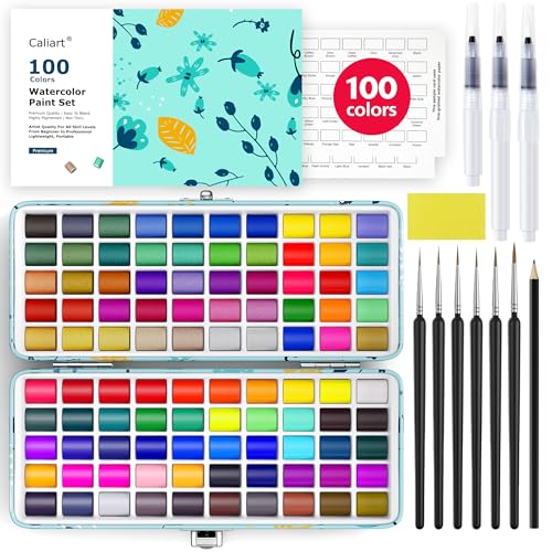 Caliart Watercolor Paint Set 100 Colors Portable Water Color Palette Kit with Detail Paint Brush Art Supplies Watercolor Painting Kit Coloring Gifts for Adults Beginners Professional Artists - Image 1