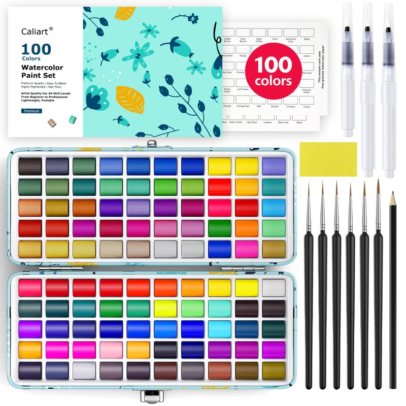 Caliart Watercolor Paint Set 100 Colors Portable Water Color Palette Kit with Detail Paint Brush Art Supplies Watercolor Painting Kit Coloring Gifts for Adults Beginners Professional Artists - Image 2