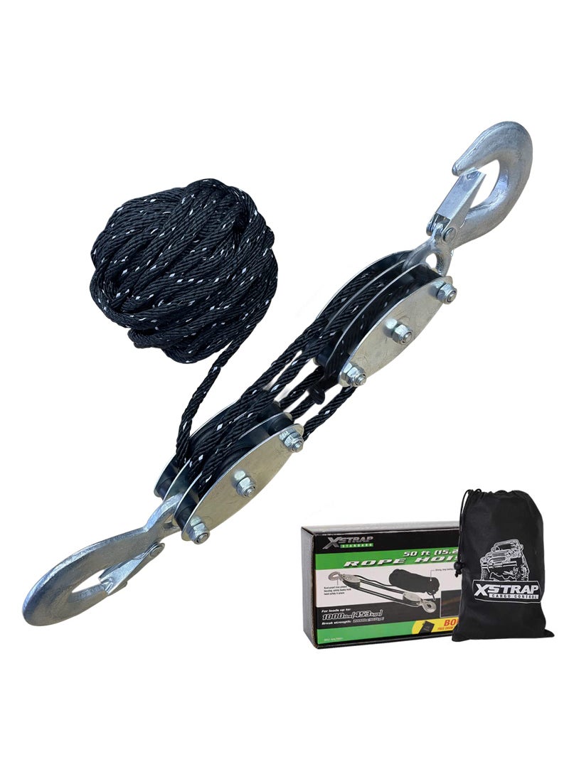 XSTRAP STANDARD XSTRAP STANDARD Heavy-Duty 2,000 LB Breaking Strength 50 FT Reflective Rope Hoist, Metal Wheels Bearing 1000 LB Work Load Block and Tackle Pulley System for Lifting Heavy Objects, with 2pcs Soft Loops  - Image 1