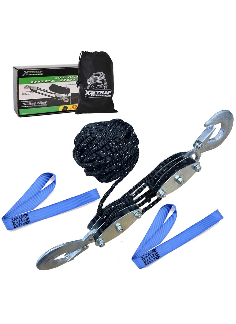XSTRAP STANDARD XSTRAP STANDARD Heavy-Duty 2,000 LB Breaking Strength 50 FT Reflective Rope Hoist, Metal Wheels Bearing 1000 LB Work Load Block and Tackle Pulley System for Lifting Heavy Objects, with 2pcs Soft Loops  - Image 3
