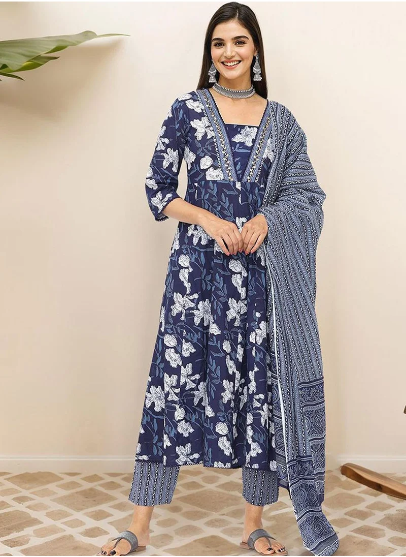 ISHIN WOMEN Navy Cotton Kurta Sets - 3pcs