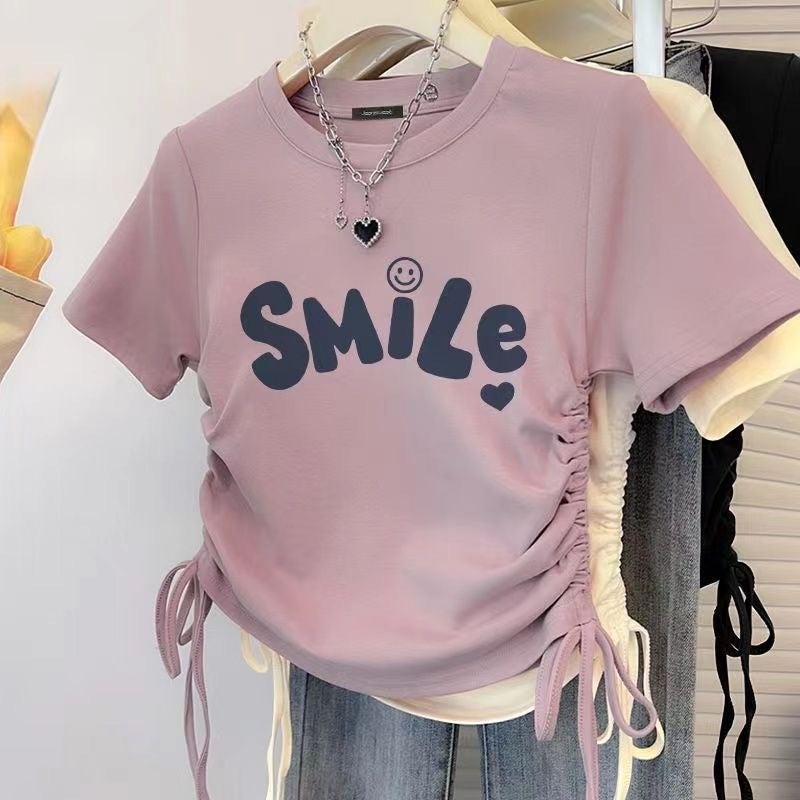 American Retro Letter Right Shoulder Short-Sleeved T-Shirt For Women Style Small Sweet And Spicy Drawstring Short Top Ins Trend - Image 5