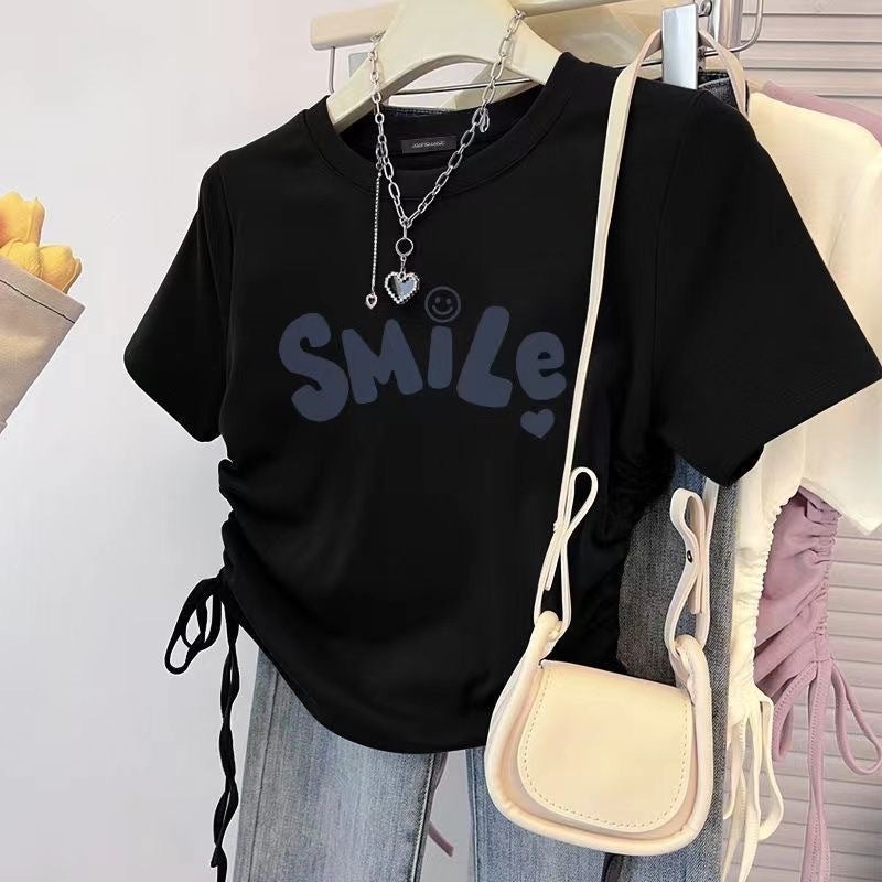 American Retro Letter Right Shoulder Short-Sleeved T-Shirt For Women Style Small Sweet And Spicy Drawstring Short Top Ins Trend - Image 3
