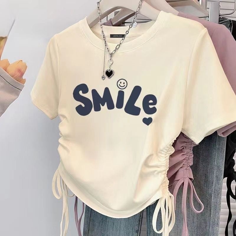 American Retro Letter Right Shoulder Short-Sleeved T-Shirt For Women Style Small Sweet And Spicy Drawstring Short Top Ins Trend - Image 2
