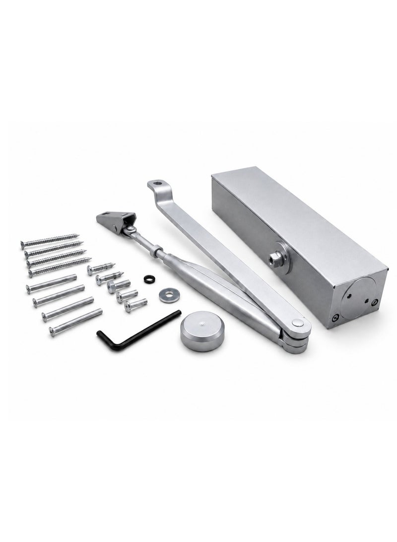 A hydraulic steel door closer (120 kg load capacity) designed for smooth and controlled closing, with integrated components for easy installation and use.