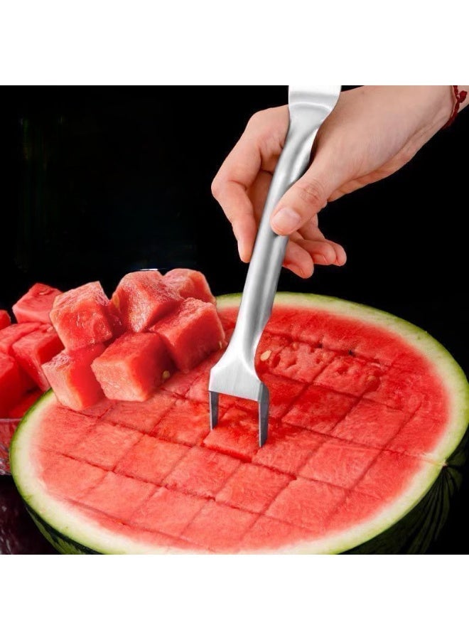 JAYATO Fruit fork with two heads, Watermelon Slicer Fork Stainless Steel Cutter Kids Fascinated Melon Cube Cutting Tool Carving and Cutting Utility Knife for Home Fruit Party Cool Kitchen Gadgets - Image 1
