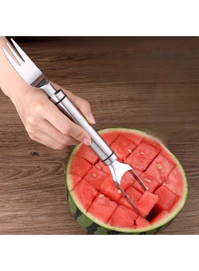JAYATO Fruit fork with two heads, Watermelon Slicer Fork Stainless Steel Cutter Kids Fascinated Melon Cube Cutting Tool Carving and Cutting Utility Knife for Home Fruit Party Cool Kitchen Gadgets - Image 2